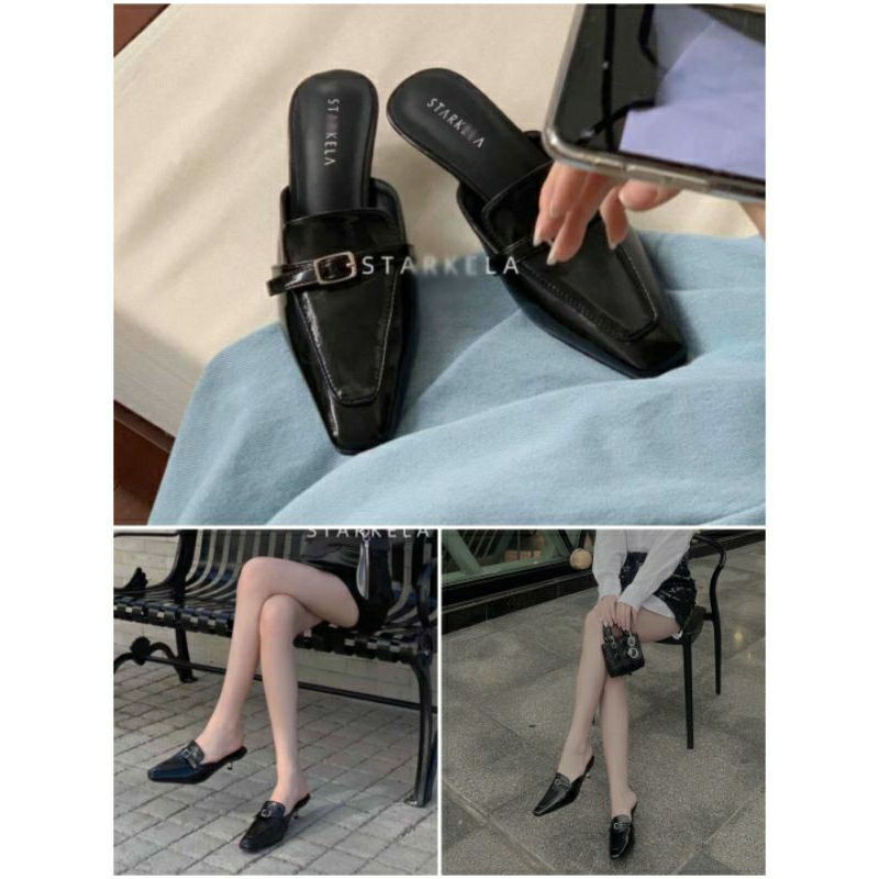 Sục Kela da siêu mềm mix đai khuy gót nhú 3p dễ đi đen