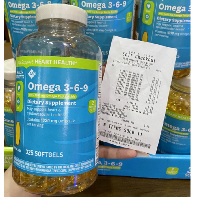 Viên uống bổ sung Omega 3 6 9 Member’s Mark Supports Heart Health 325 viên - Hàng Mỹ