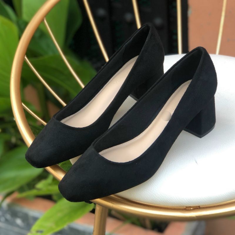 Giày cao gót nữ de vuông 5cm,banh trơn bít mũi vuông bigsize 32-45