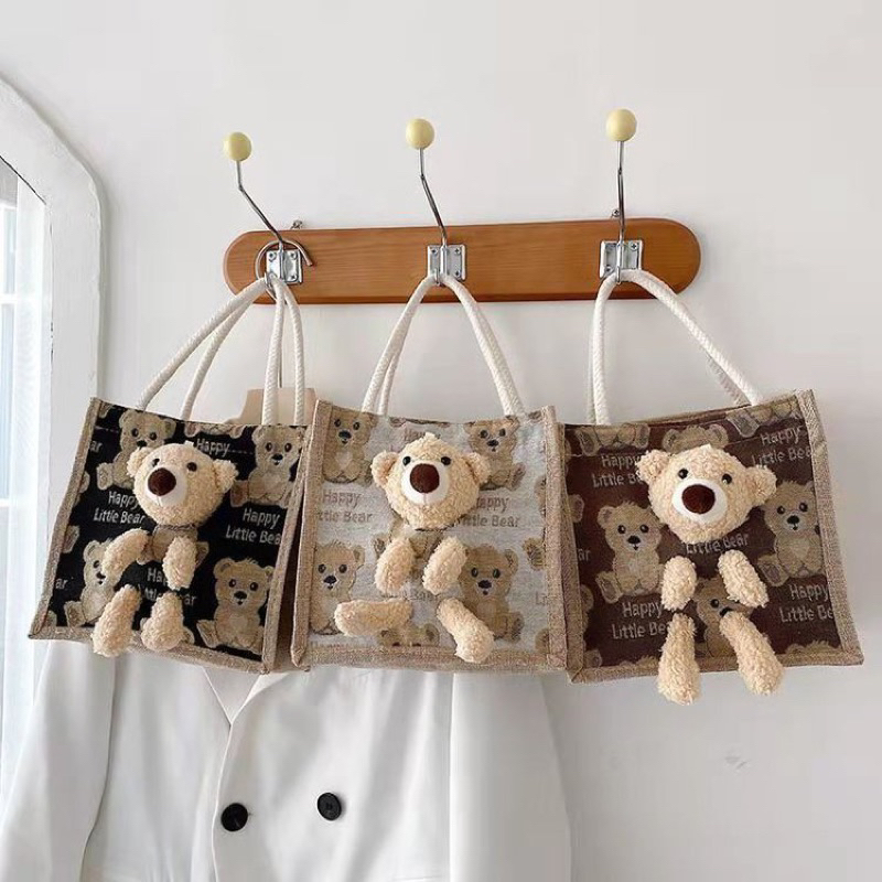 Túi cói quai xách mini gấu bông Vintage phong cách Hàn Quốc - Túi tote đi biển hình thú nhồi bông Gấu Bear dễ thương