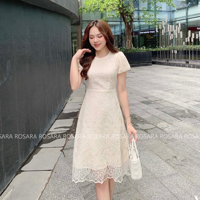 Váy Đầm Be Họa Tiết Ren Dáng Xòe Thời Trang Nữ Rosara VA45