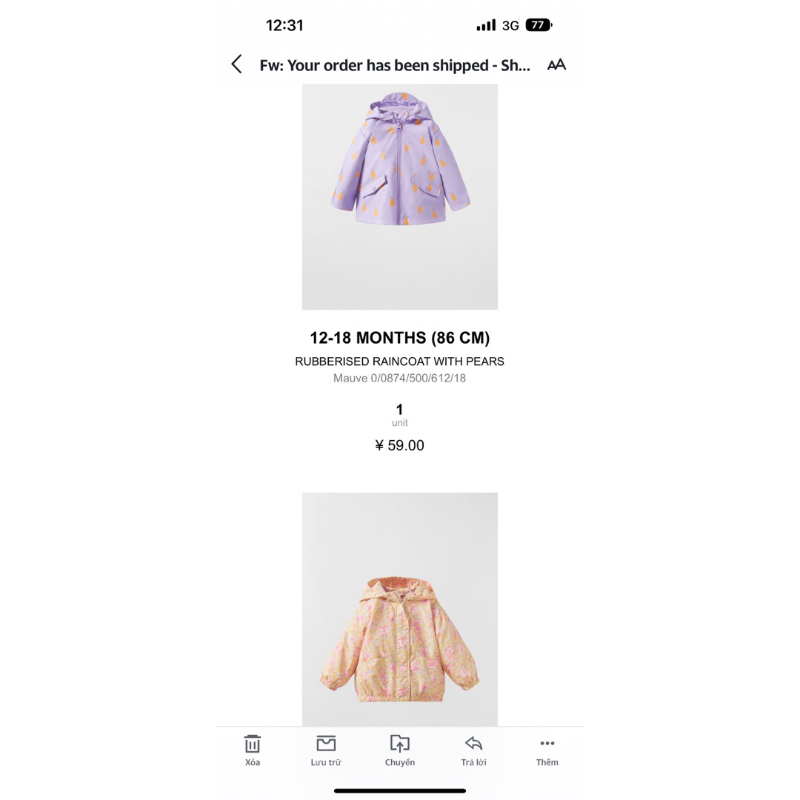 Áo khoác đi mưa cho bé gái màu tím nhẹ săn sale China sz 9-12m, 12_18m