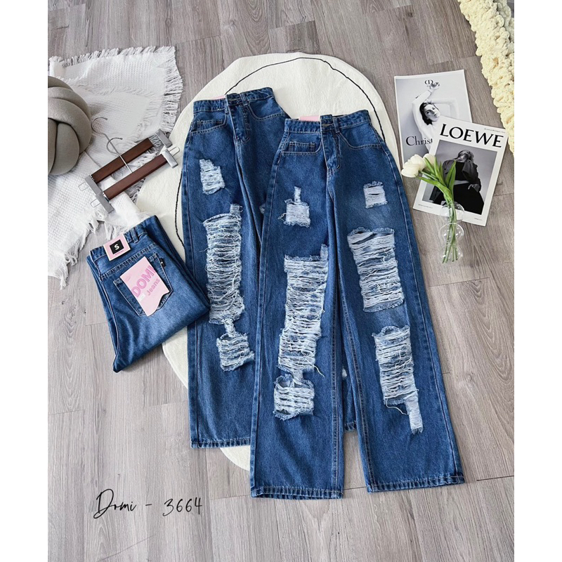 QUẦN DÀI JEANS LOA XUÔNG ỐNG RỘNG ĐẠP LAI RÁCH TE TUA