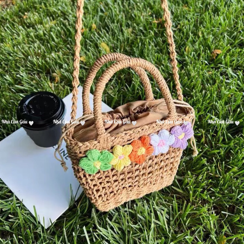 Set nón cói, túi cói hoa xinh xỉu