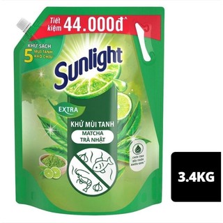 Nước rửa chén bát Sunlight extra khử mùi tanh matcha trà nhật túi 3,4Kg.