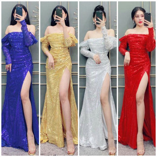 Đầm dạ hội kim sa trễ vai dài tay cao cấp (đầm dự tiệc cao cấp) tặng hoa tai thời trang cute TẶNG KÈM HOA TAI THỜI TRANG