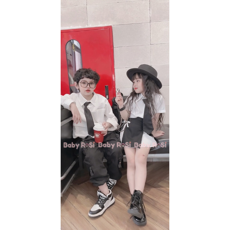 Sét sơ mi cà vạt kèm chân váy phối xếp ly cho bé gái