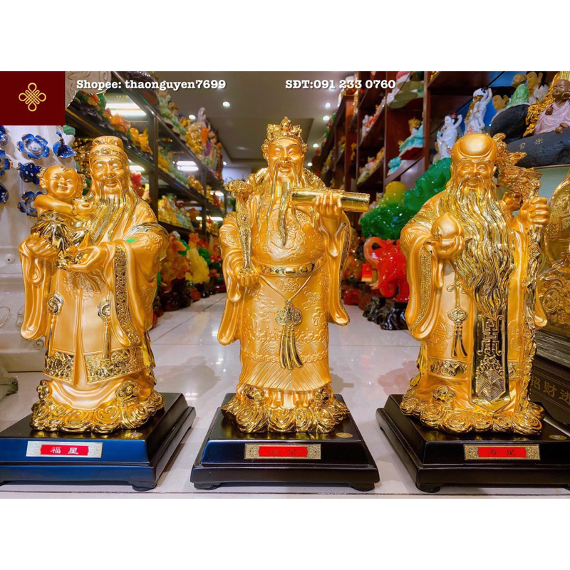 Tượng ba ông Tam đa (Phúc - Lộc - Thọ) phong thuỷ màu vàng bóng (cao 42, dài 20, rộng 20)
