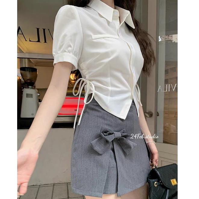 [SET05] [Sẵn hàng] Set áo sơ mi croptop rút eo kèm chân váy phối nơ phong cách Loli Hàn Quốc | BigBuy360 - bigbuy360.vn