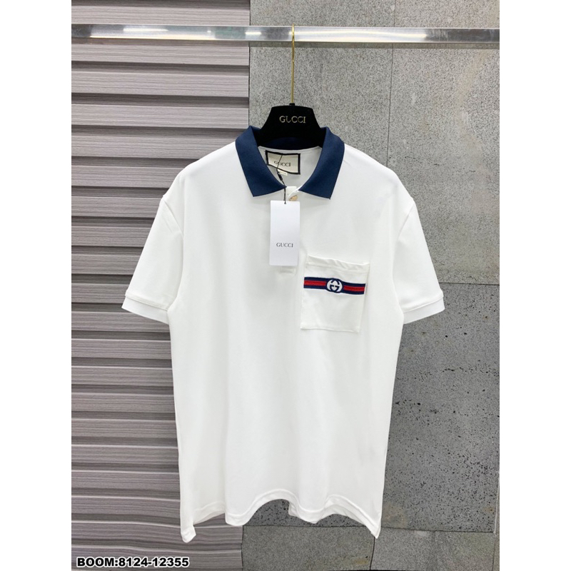 Áo polo nam hoạ tiết túi ngực hot hit cổ xanh kem