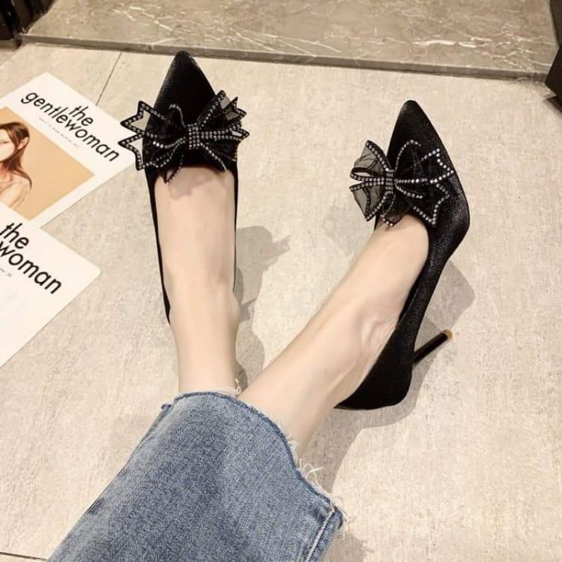 Giày cao gót 7cm lụa satin nơ soàn, bigsize 32 đến 45