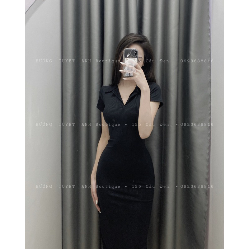 Váy body dài cổ bẻ hở lưng
