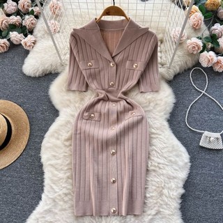 đầm len body cổ Vest