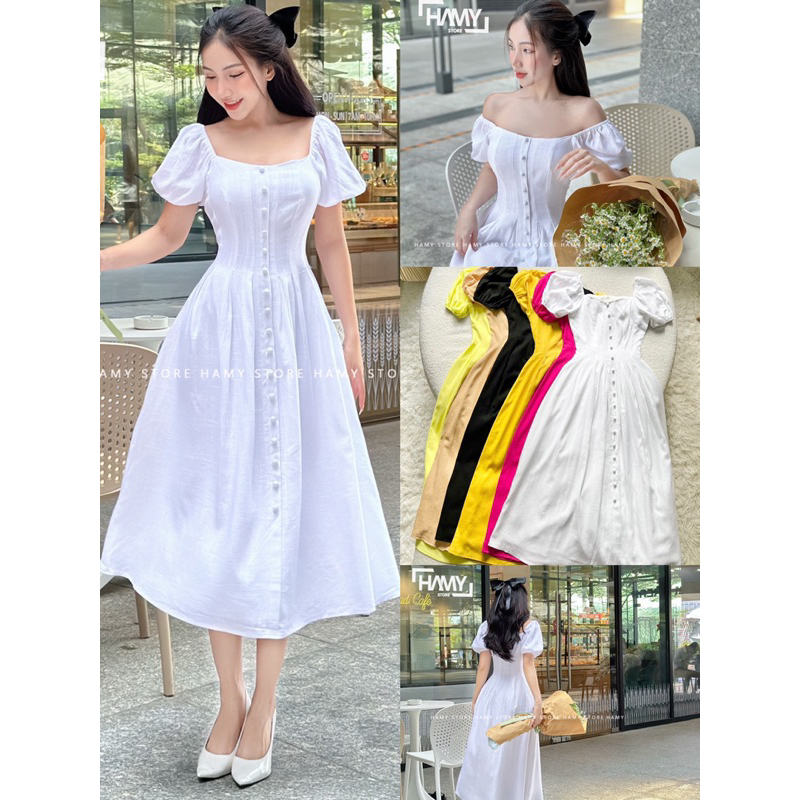 Đầm Tay Phồng Nút Tiểu Thư