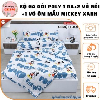 Bộ ga gối poly 1 ga + 2 vỏ gối + 1 vỏ ôm mẫu mickey xanh