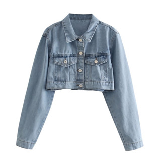 Áo khoác jean croptop dáng ngắn màu xanh nhạt form basic thời trang nữ Famos