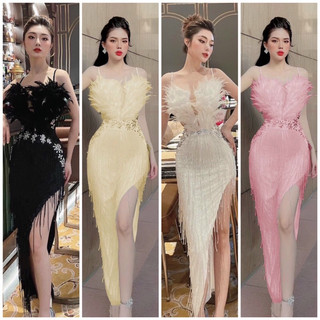 ĐẦM DẠ HỘI TUA RUA LÔNG HAI DÂY TẶNG KÈM HOA TAI THỜI TRANG