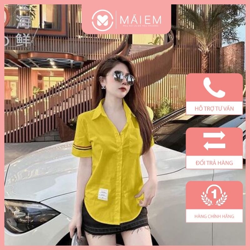 Áo sơ mi nữ tay ngắn vạt bầu tay kẻ ngang màu vàng from đẹp thời trang Mái Em _A2126