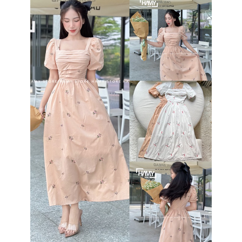 Đầm Hoa Thêu Hoa Xếp Ngực
