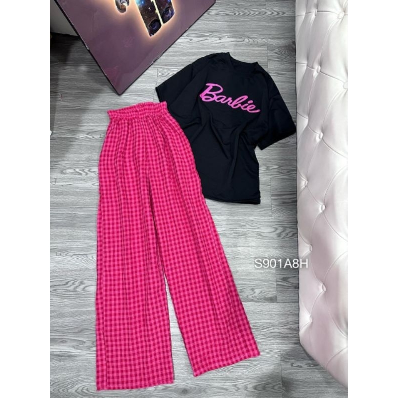 Set áo Barbie ngắn tay form rộng mix quần suông kẻ hồng dễ thương ,set bộ nữ mặc nhà Siêu Hot