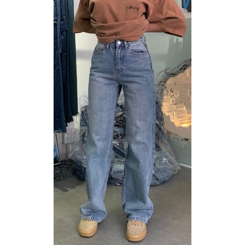 QUẦN JEANS SUÔNG RỘNG LƯNG CAO - XANH ĐÁ BẠC