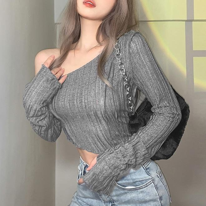 Áo thun croptop vạt xéo tay dài lệch vai ôm body phong cách hàn, cá tính 636 FIORI STORE