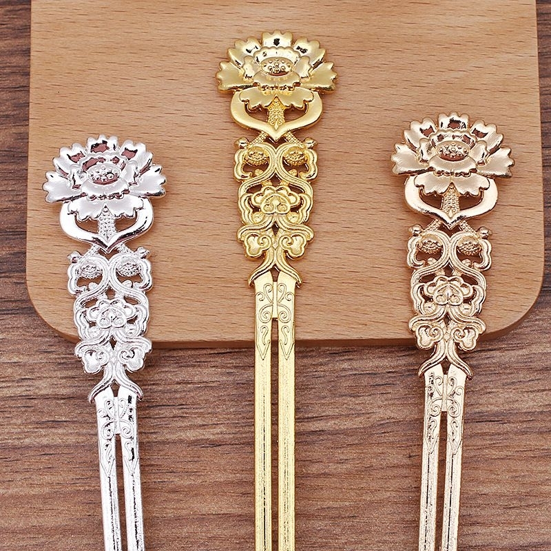 Cán trâm đúc hợp kim cao cấp hoa văn mẫu đơn 150mm nguyên liệu làm trang sức handmade, trâm cổ trang, cosplay