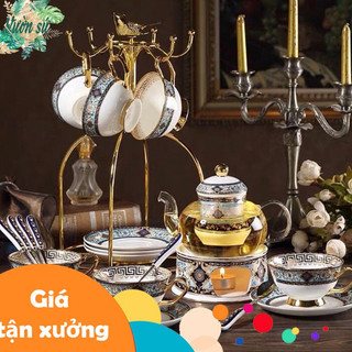 [XẢ KHO] Bộ ấm trà chân nến bình thủy tinh chén sứ hoạ tiết thổ cẩm vintage - VS97