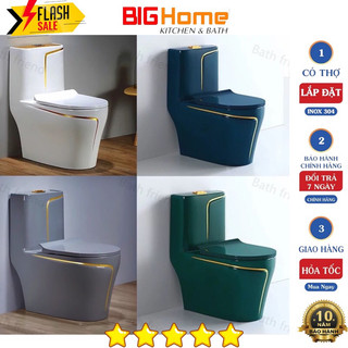 Bồn cầu liền khối, bệt 1 khối nghệ thuật, viền vàng, xả xoáy, nắp rơi êm tự hạ, men nano Kháng khuẩn. Bồn cầu cao cấp
