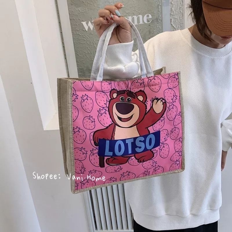 Túi Cói Lotso Gấu Dâu Xinh Xắn Túi Xách Cói Nữ, Túi  Tote Lotso gấu hồng