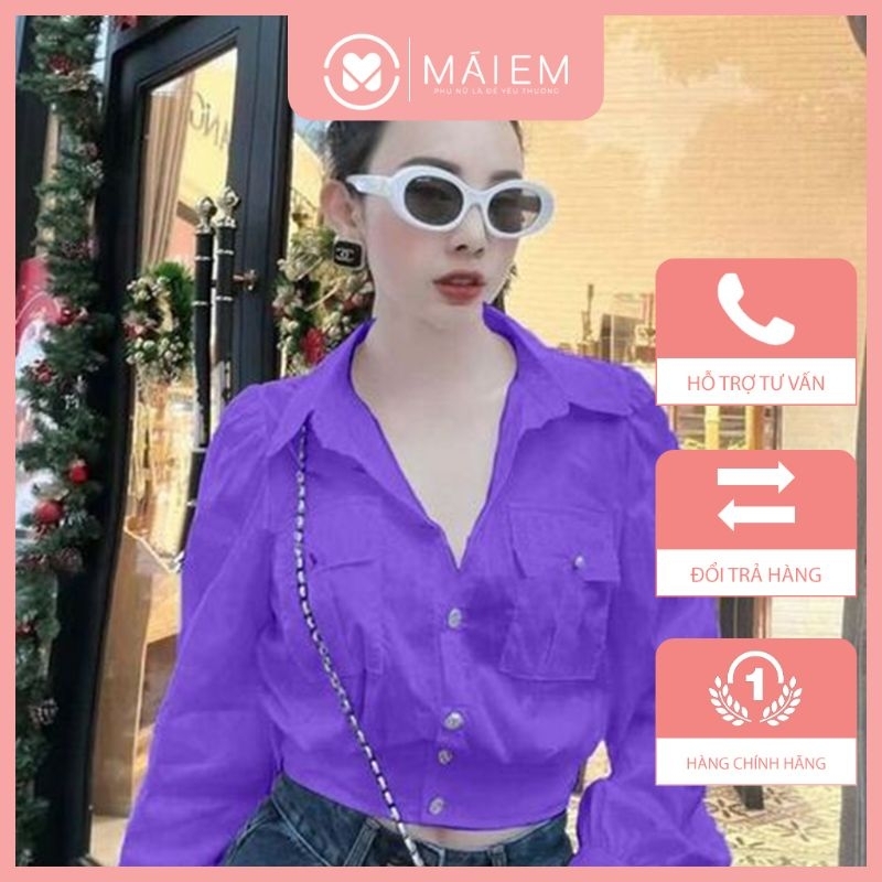 Áo sơ mi nữ croptop cổ Đức tay dài màu tím thời trang Mái Em _A2125