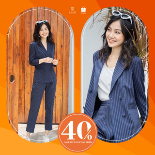 Blazer 4 cúc kẻ xanh navy và quần baggy kẻ xanh navy