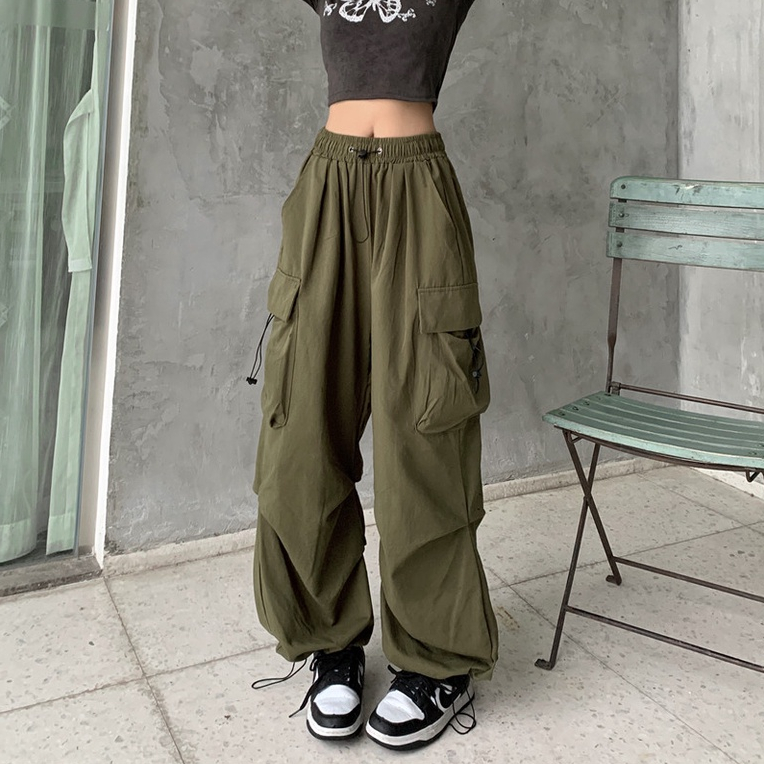 FOCUS quần suông ống loe rộng nữ thời trang vintage đen cạp cao unisex