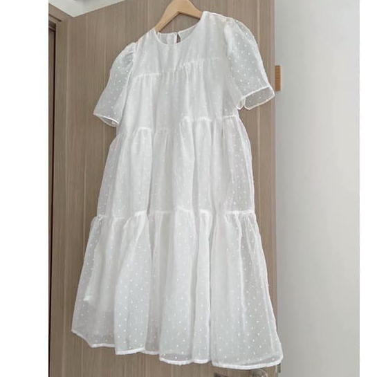 Đầm/Váy babydoll dáng dài chất voan chấm bi có lót - Momiji Store