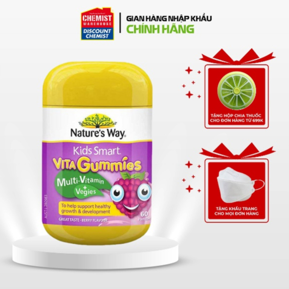 Vitamin tổng hợp rau củ bé Nature’s Way Kids Smart Vita Gummies Multivitamin + Vegie 60 viên của Úc giúp bảo vệ sức khoẻ