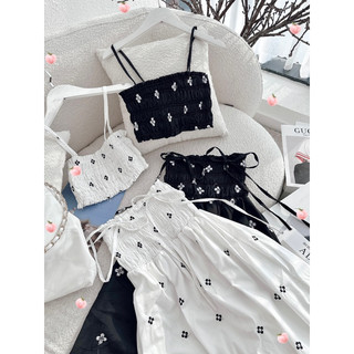 Set maxi cúp ngực phom xoè vải dập hoa