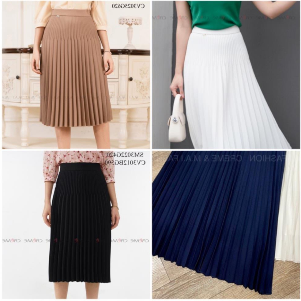 CHÂN VÁY DẬP LY CÔNG SỞ CAO CẤP, DÁNG XÒE PHONG CÁCH HÀN QUỐC, THIẾT KẾ CREME CV3025 MÀU ĐEN, NÂU, XANH THAN, TRẮNG
