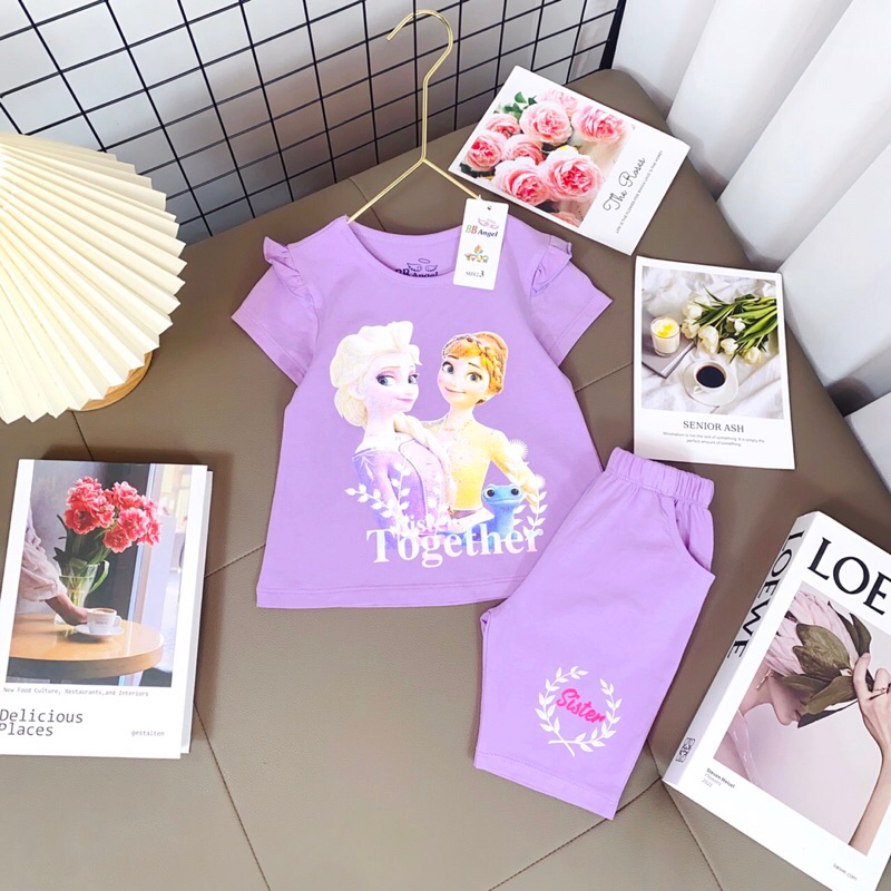 Bộ cotton in hình Elsa & Anna cho bé gái dáng quần legging lửng , tay phối bèo cánh tiên siêu yêu sz 10-22kg