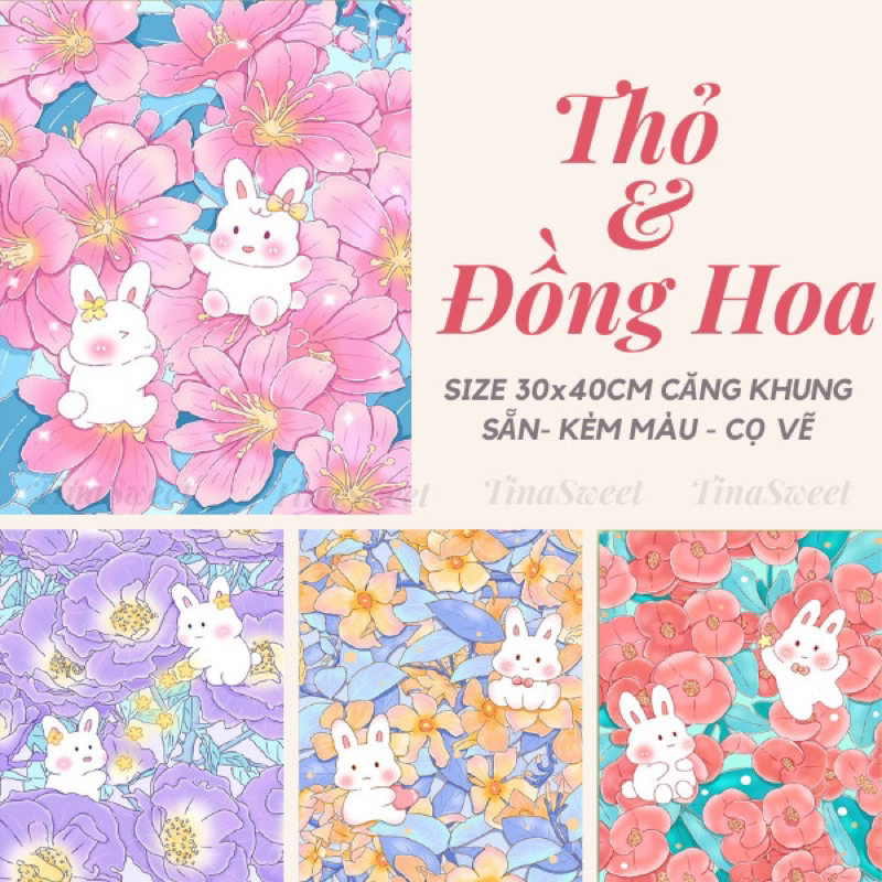 TINASWEET 🌈 Tranh tô màu theo số Thỏ & Đồng Hoa - Size 30x40cm căng khung sẵn, kèm màu và cọ vẽ