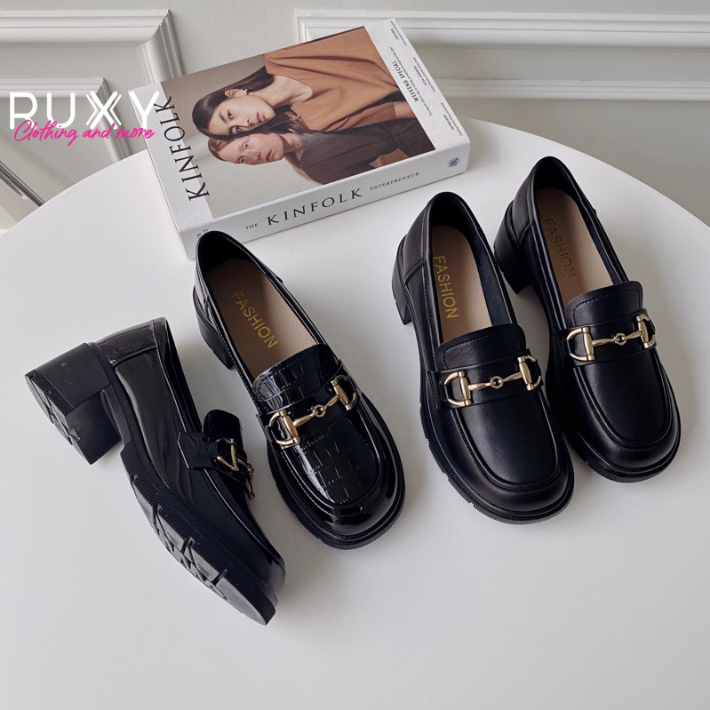 Giầy Loafer Nữ Cao Cấp Khóa GC Kim Loại Chất Da Đế Cao Su 5cm Ruxy Đen [KÈM HỘP BẢO VỆ]