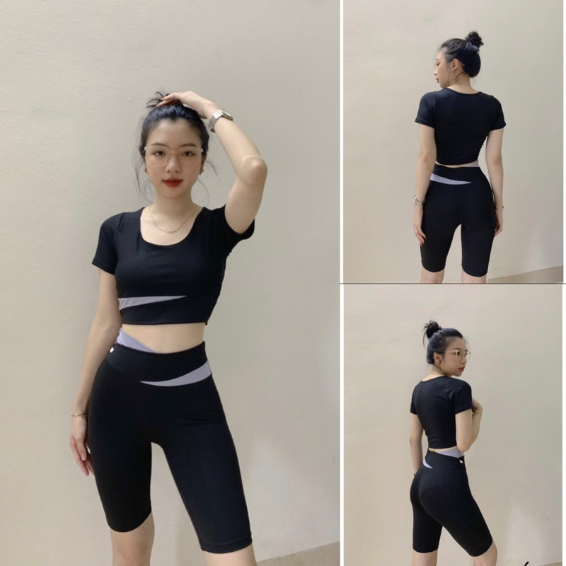 Bộ đồ thể thao nữ tập gym yoga áo croptop tay ngắn quần ngố phối màu