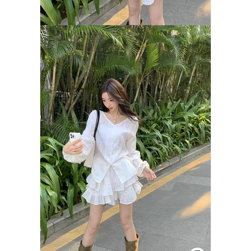 SET ÁO SƠ MI CỔ V KÈM CHÂN VÁY BÈO TẦNG TRẮNG