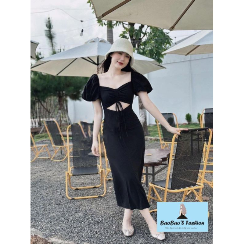 Đầm tăm đen hở eo rút dây ngực cuốn hút