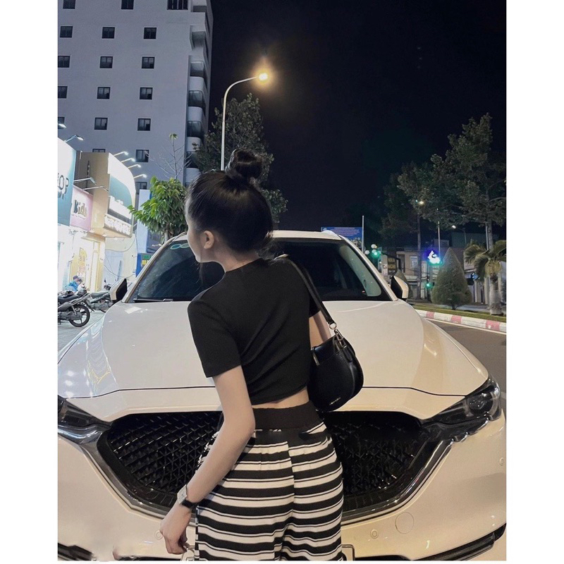 Set Bộ Áo Croptop Ngắn Tay Cotton + Quần Kẻ Ống Xuông Hàng QCCC Loại 1