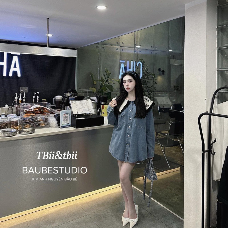 Áo sơ mi bò cổ ren siêu hot Bầu Bé