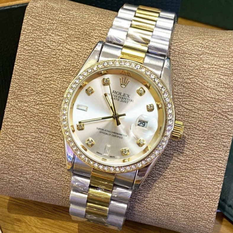 Đồng hồ đeo tay Rolex viền đính đá sang trọng đẳng cấp, Đồng hồ nam dây thép đúc đặc nguyên khối mạ không gỉ chất lượng