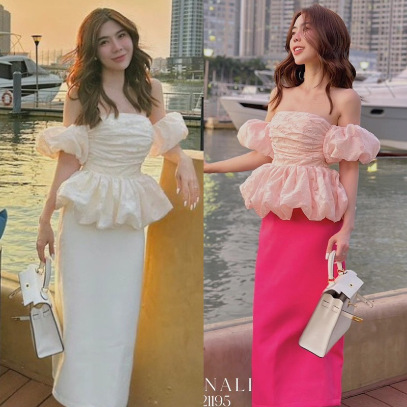 SET ÁO PEPLUM BÍ XẾP NGỰC RỚT VAI KÈM CHÂN VÁY MIDI KEM HỒNG