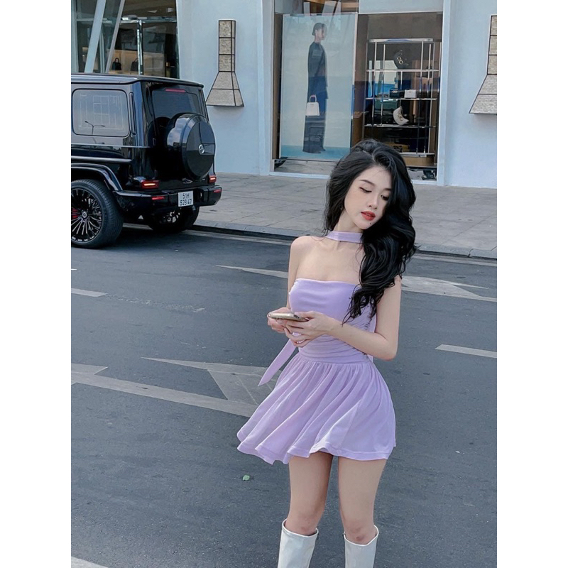 Đầm ống voan nhún xoè cúp ngực dây voan choker nơ