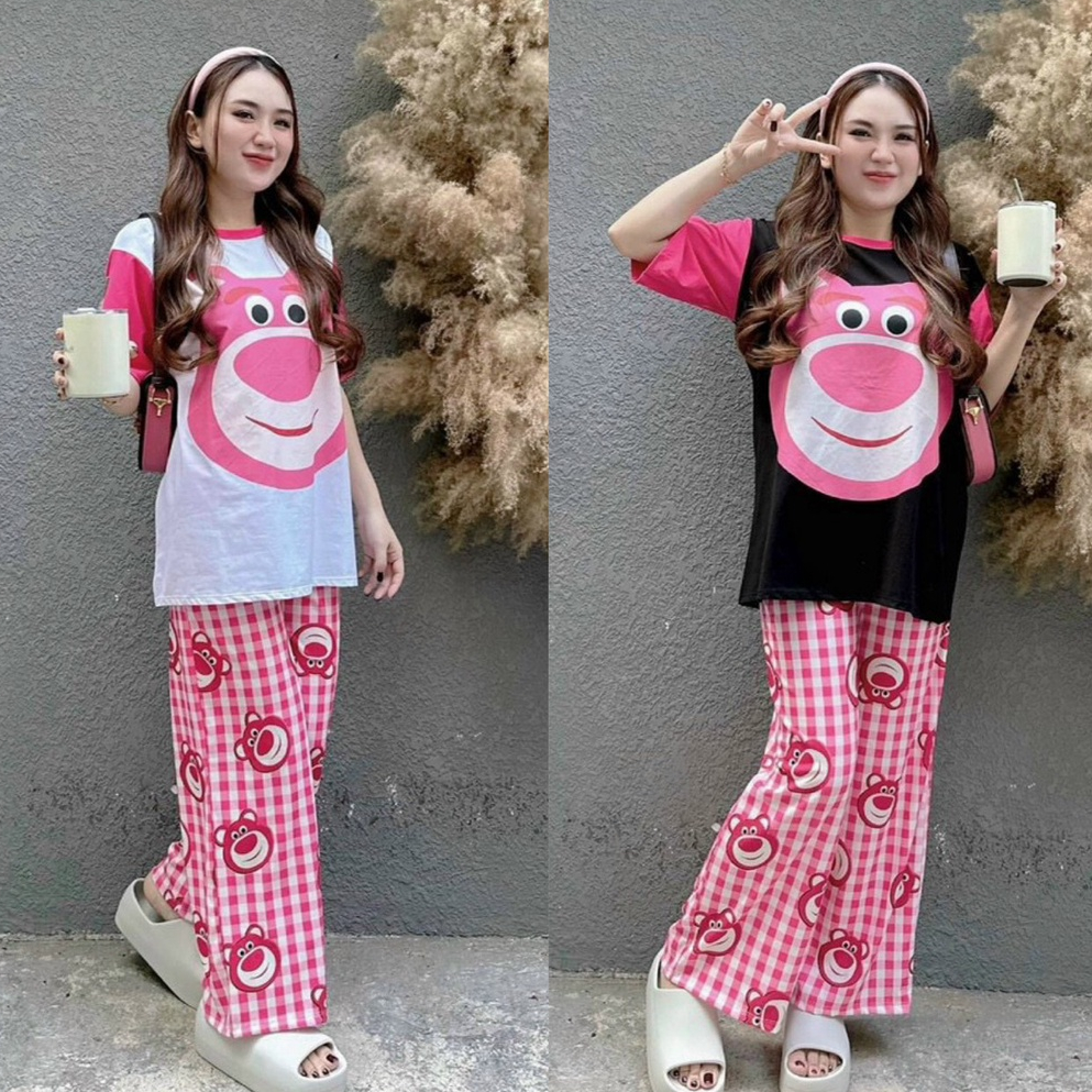 Set đồ bộ nữ áo phông tay màu mix quần dài ống rộng với họa tiết gấu dâu xinh xắn, cute dành cho các nàng đi chơi xinh.