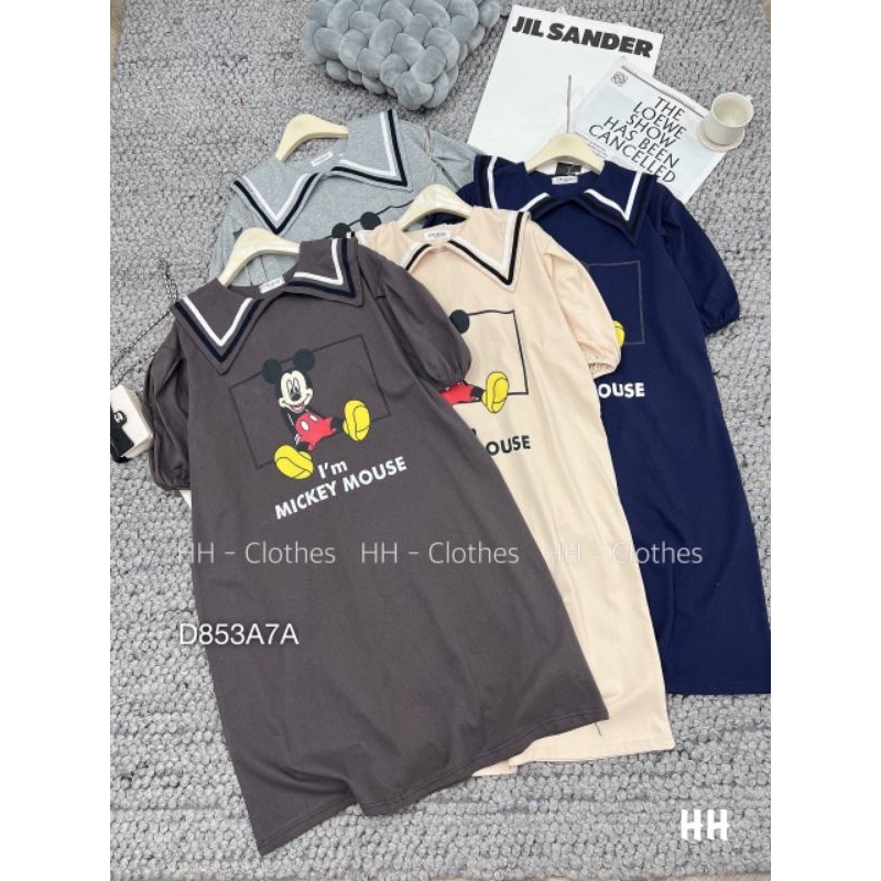 Đầm Cotton Suông In Hình Tay Phồng Chun Cổ Bèo Nhọn Dáng Rộng Dễ Thương Cotton Co Dãn ( Quảng Châu )